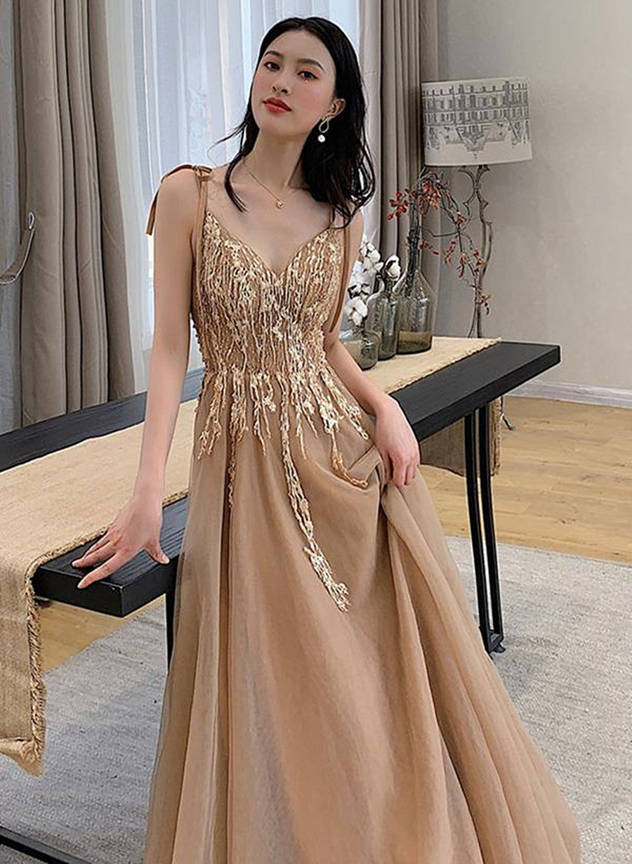 Champagne V-neckline Tulle with Lace Party Dress, A-line Tulle Evening Dress