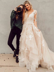 Custom Made V Neck Long Sleeves Champagne Wedding Dresses, Champagne Wedding Gowns, Long Sleeves High Low Prom Dresses