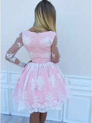 V Neck Long Sleeves Short Pink Prom Dresses with White Lace, Short Lace Formal Homecoming Graduation Dresses
