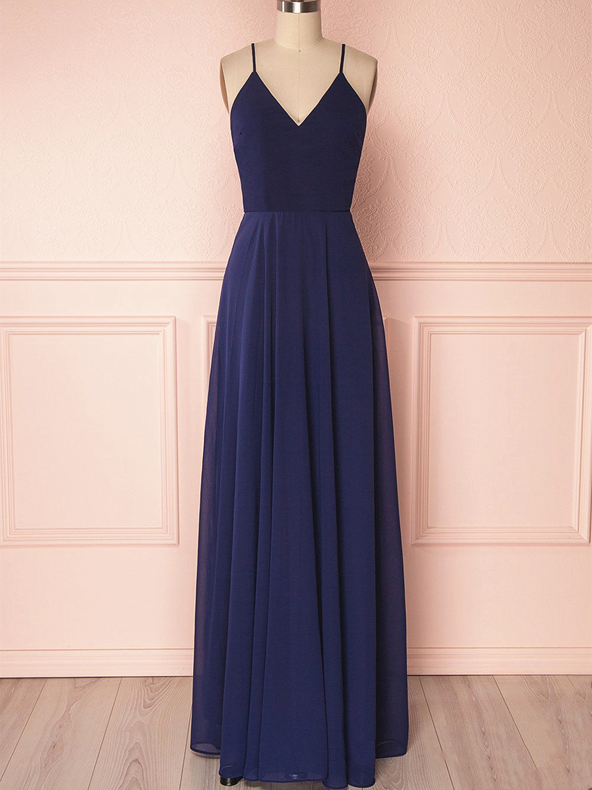 V Neck Navy Blue Backless Prom Dresses Long, Navy Blue Backless Bridesmaid Formal Evening Dresses
