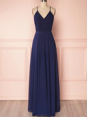 V Neck Navy Blue Backless Prom Dresses Long, Navy Blue Backless Bridesmaid Formal Evening Dresses
