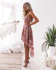 V Neck Open Back High Low Lace Prom Dresses, High Low Lace Formal Graduation Evening Dresses
