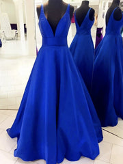 V Neck Royal Blue Satin Prom Dresses, Royal Blue Satin Formal Evening Bridesmaid Dresses