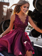 V Neck Short Burgundy Lace Prom Dresses, Short Maroon Lace Formal Graduation Dresses