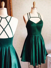 V Neck Short Green Prom Dress with Cross Back, Short Green Corss Back Formal Homecoming Dress