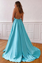 V-Neck Sleeveless Split Tiffany Blue Cross Back Prom/Evening Dress TP0992
