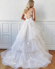 V Neck Backless White Floral Lace Wedding Dresses, White V Neck Floral Lace Prom Dresses, Wedding Gowns