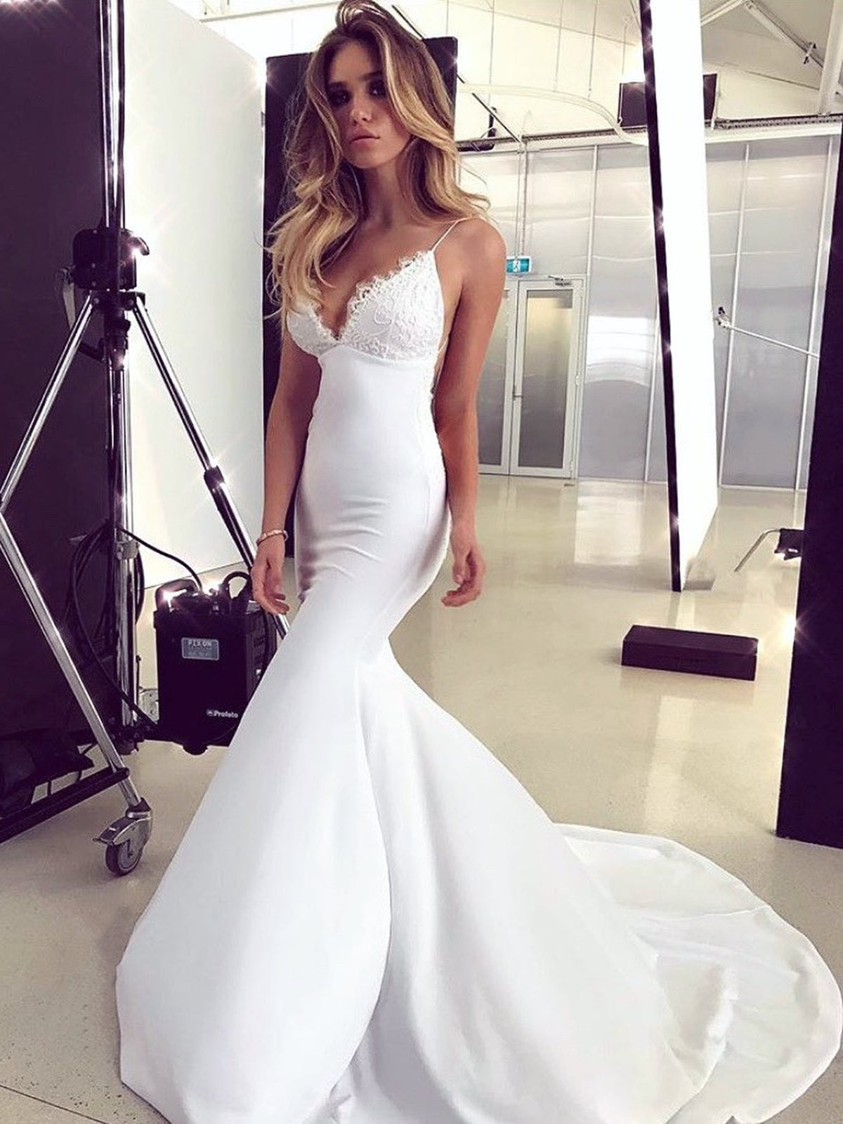 V Neck White Lace Mermaid Prom Dresses, White Mermaid Lace Formal Bridesmaid Dresses