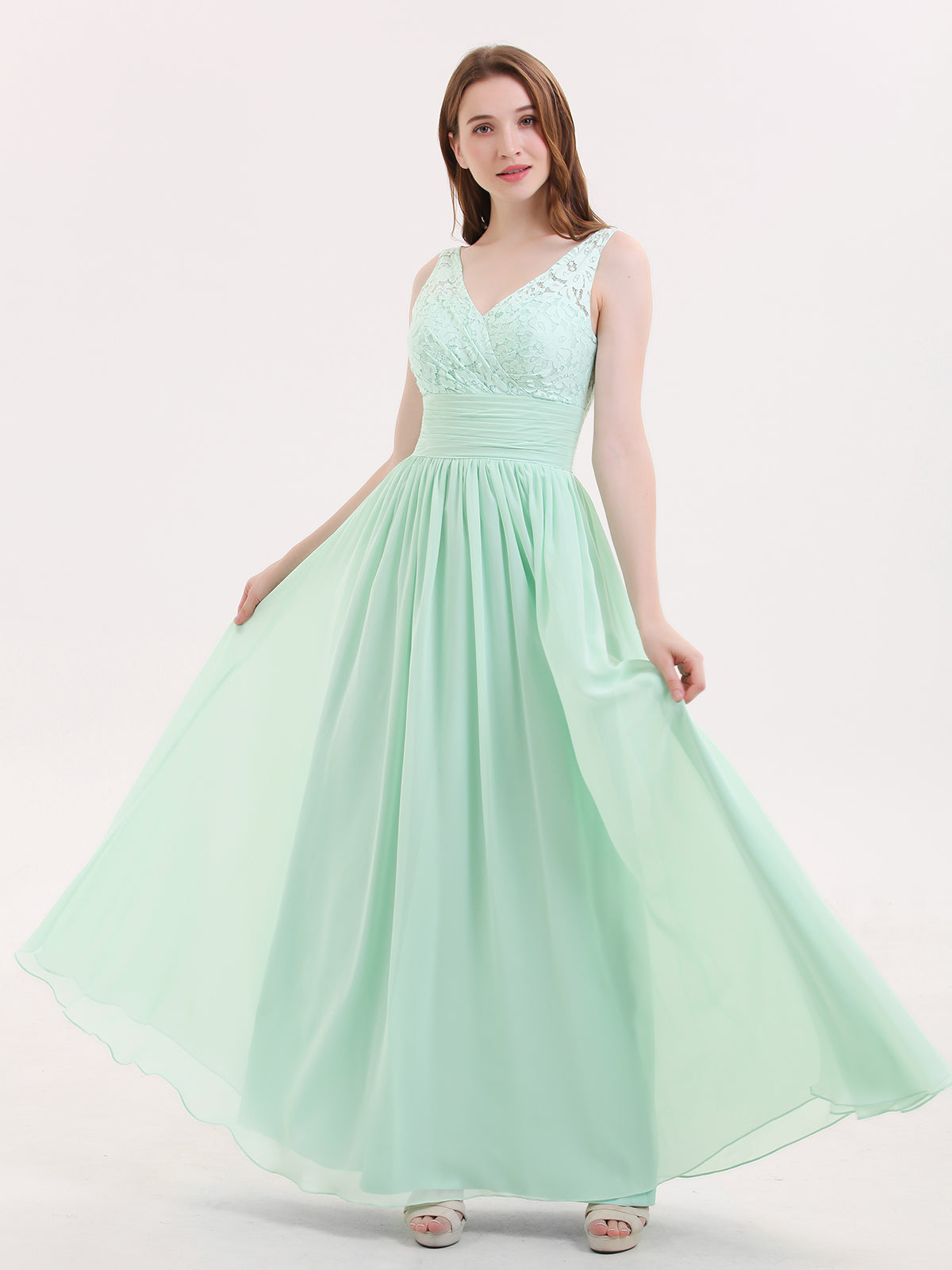 Lace and Chiffon Dresses with Open Back-Mint Green