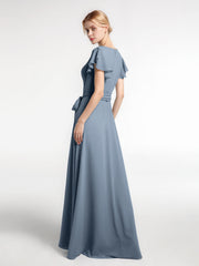 V-neck Cap Sleeves Chiffon Dress with Self-Bow-Dusty Blue