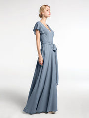 V-neck Cap Sleeves Chiffon Dress with Self-Bow-Dusty Blue