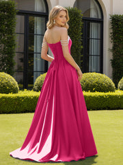 Beaded Off-the-shoulder A-line Sweep Train Slit Gown Fuchsia