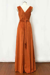 Velvet Burnt Orange Formal Dress V-Neck Bridesmaid Dress Pleated with Belt