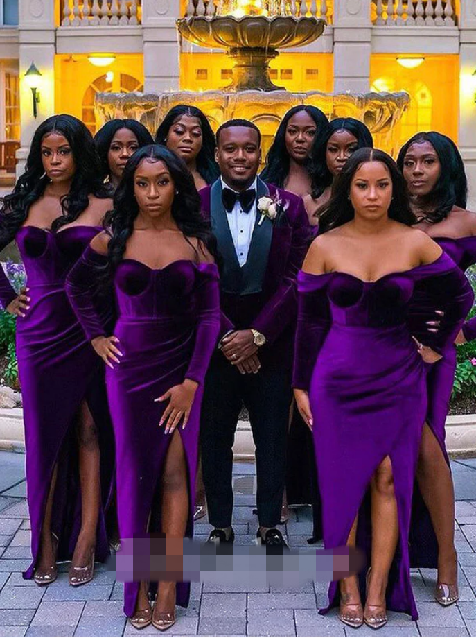 Velvet Purple Bridesmaid Dresses Long Sleeves Mermaid Formal Wedding Guest Dress