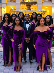 Velvet Purple Bridesmaid Dresses Long Sleeves Mermaid Formal Wedding Guest Dress