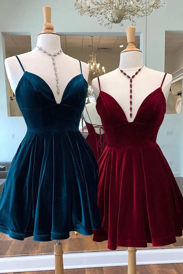 Velvet Short Homecoming Dress Tie Back Straps Winter Formal Dress