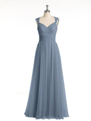 Cross-Pleated Tulle Long Dresses with Beaded Straps Dusty Blue Plus Size