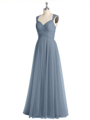 Cross-Pleated Tulle Long Dresses with Beaded Straps Dusty Blue Plus Size