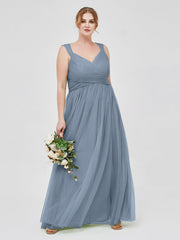 Cross-Pleated Tulle Long Dresses with Beaded Straps Dusty Blue Plus Size