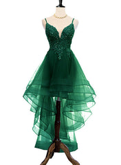 Lovely Dark Green High Low Chic Party Dress Prom Dress, V-neckline Straps Homecoming Dress