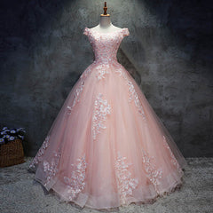 Pink Cap Sleeves Ball Gown Tulle with Lace Sweet 16 Dresses, Long Quinceanera Dresses