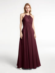 Halter Keyhole Neck Chiffon Dress with Pockets-Cabernet