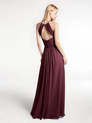Halter Keyhole Neck Chiffon Dress with Pockets-Cabernet