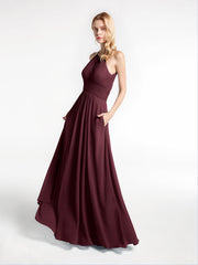 Halter Keyhole Neck Chiffon Dress with Pockets-Cabernet