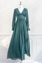 Noble V-neck long sleeved satin and floor length dress prom dress