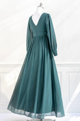 Noble V-neck long sleeved satin and floor length dress prom dress