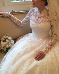 Vintage Lace Princess Wedding Dress High Neck Long Sleeves