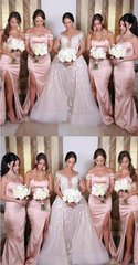 Vintage Long Elastic Satin Ruched Pink Bridesmaid Dresses Sweetheart Sleeveless