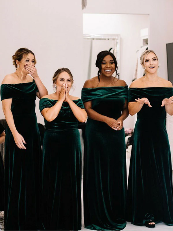 Cheap Vintage Velvet Green Bridesmaid Dresses Winter Long Simple Wedding Guest Dress