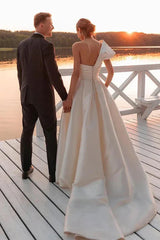 A-line Vintage One Shoulder Bridal Gown Wedding Dress With Court Train