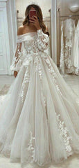 Gorgeous Long Puff Sleeve Beach Tulle Lace Wedding Dresses A Line