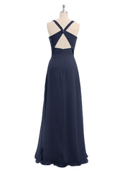 V-neck Chiffon Bridesmaid Dress with Open Back Dark Navy Plus Size