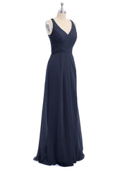V-neck Chiffon Bridesmaid Dress with Open Back Dark Navy Plus Size