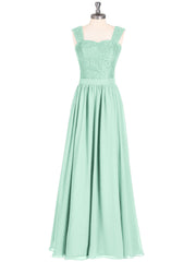 Shoulder Strap Lace AND CHIFFON Long Dress-Mint Green
