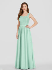 Shoulder Strap Lace AND CHIFFON Long Dress-Mint Green