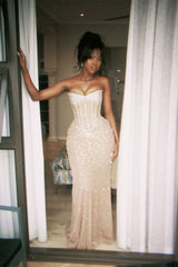 Classy Mermaid Sweetheart Champagne Sleeveless Sequin Long Prom Dresses Party Dress Birthday Outfits Graduation Dresses W0446