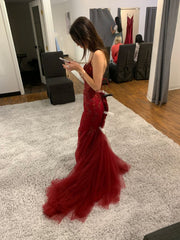 Classy Mermaid Straps Red Tulle Backless Long Prom Dresses Party Dress Birthday Outfits Graduation Dresses W0513