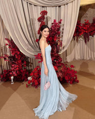 Elegant A line Strapless Light Sky Blue Chiffon Long Prom Dresses Party Dress Summer 20th Birthday Outfits Birthday Dresses W1002