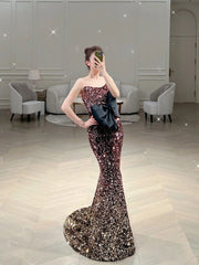Elegant Mermaid Strapless Sequin Long Prom Dresses Party Dress Summer 20th Birthday Outfits 18th Birthday Dresses W1026