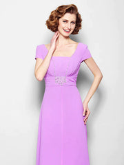 A-Line Mother of the Bride Dress Lace Up Square Neck Floor Length Georgette Short Sleeve with Ruched Beading