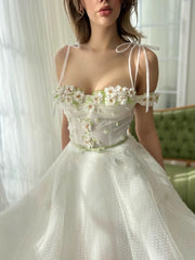 Vintage A line Spaghetti Straps White Long Evening Party Gowns Evening Formal Dresses Prom Dress W829