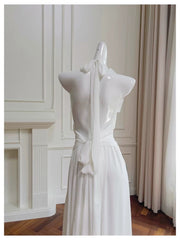 Elegant A line Halter White Sleeveless Chiffon Long Evening Party Gowns Evening Formal Dresses Prom Dress W885