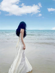Elegant A Line Spaghetti Straps Sleeveless Lace White Long Evening Party Gowns Evening Formal Dresses Prom Dress W898