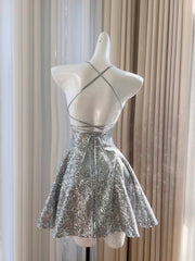 Pretty A line Halter Silver Sequin Summer 16th Birthday Dresses For Teens Hoco Dress Mini 18th Birthday Outfit Cocktail Dresses For Women W899