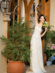 Elegant A Line Spaghetti Straps Sleeveless Lace White Long Evening Party Gowns Evening Formal Dresses Prom Dress W902
