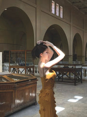 Elegant Mermaid Spaghetti Straps Sleeveless Long Evening Party Gowns Evening Formal Dresses Yellow Prom Dress W904